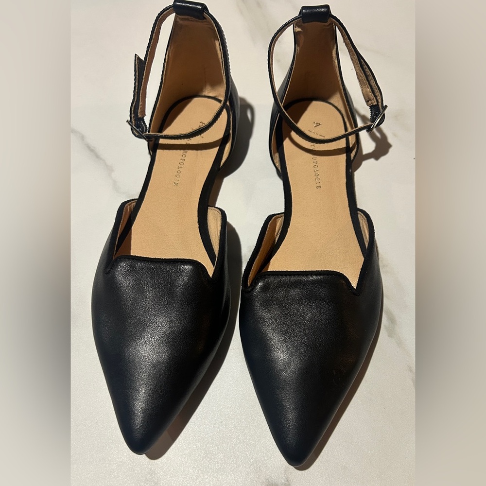 Anthropologie Anthropology Flat Ankle Strap Blk Leather Dorsey -